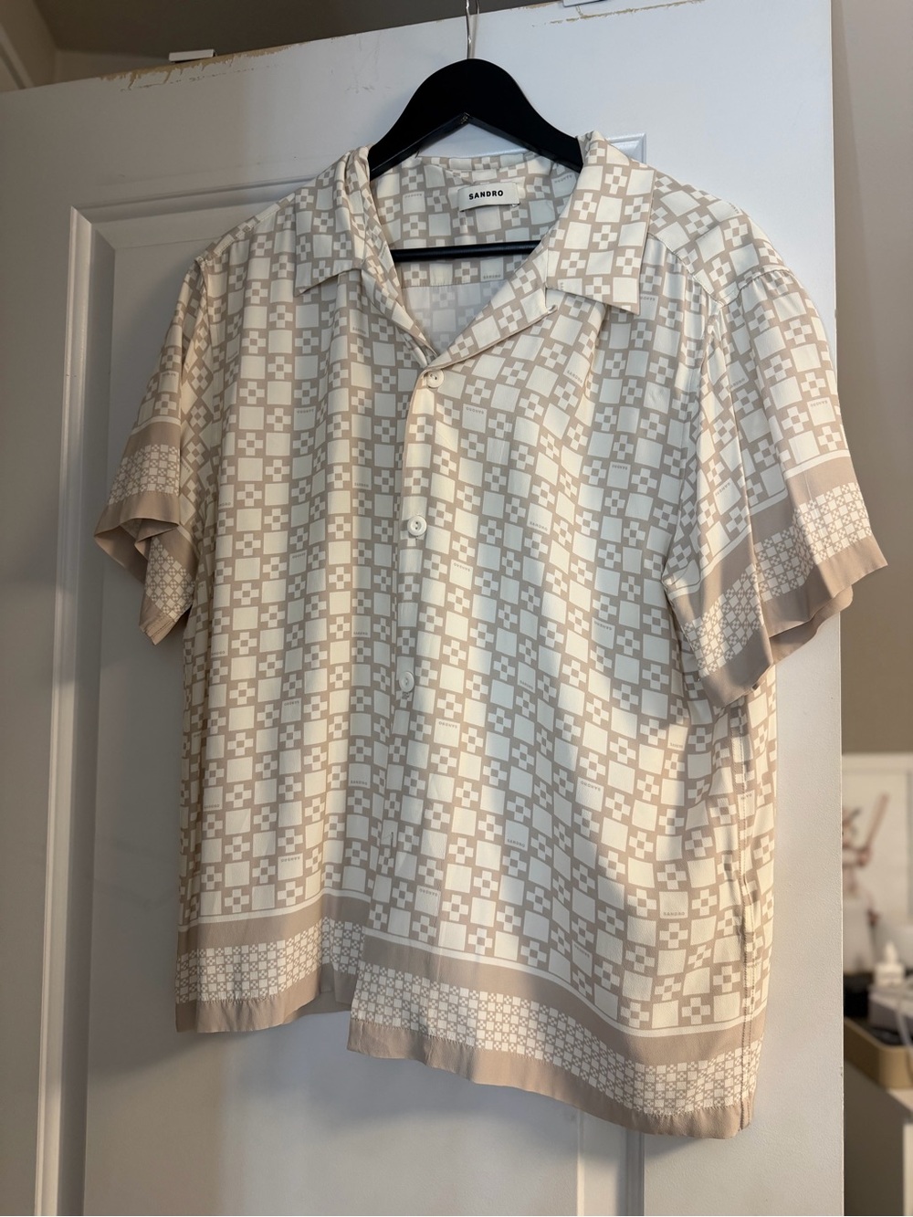 Sandro Beige and Cream Geometric Camp-Collar Button Shirt